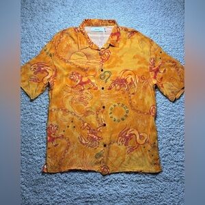 Bershka Shirt Mens Large Zodiac Button Up Short Sleeve Bright Orange Beach Party
